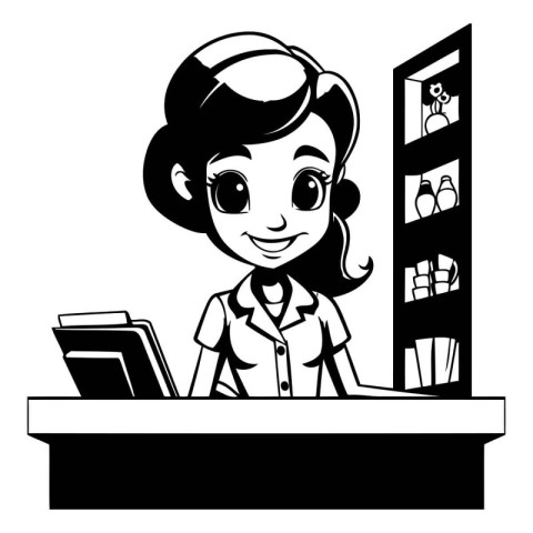 Young woman at the counter in the store. Black and white vector