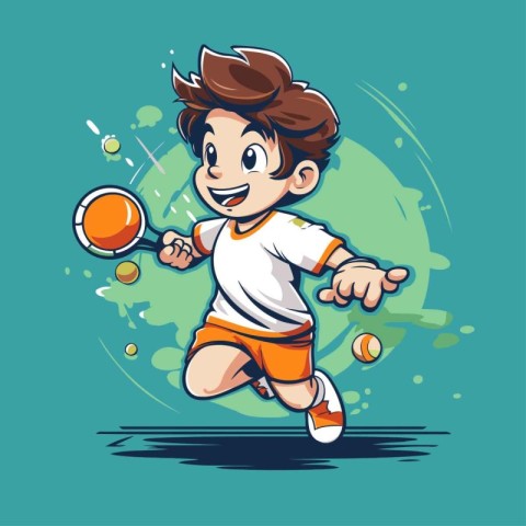 Cartoon boy playing tennis with racket and ball. Vector illustra