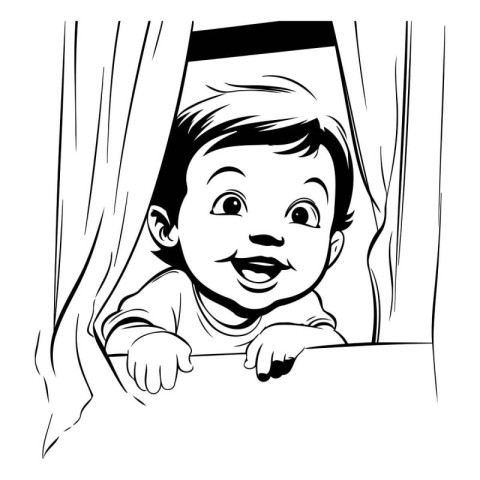 Cute little boy peeking out from behind the curtain. Vector illu