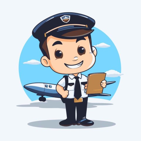 Cute pilot with airplane and clipboard. Vector illustration in c