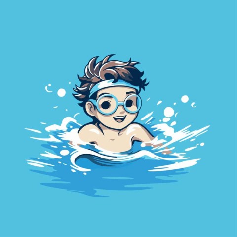 Swimming boy with glasses in a swimming pool. Vector illustratio