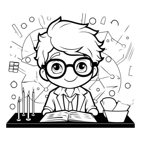 Cute boy reading a book - black and white vector illustration.