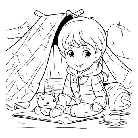 Cute little boy sitting in a tent. reading a book. Black and whi