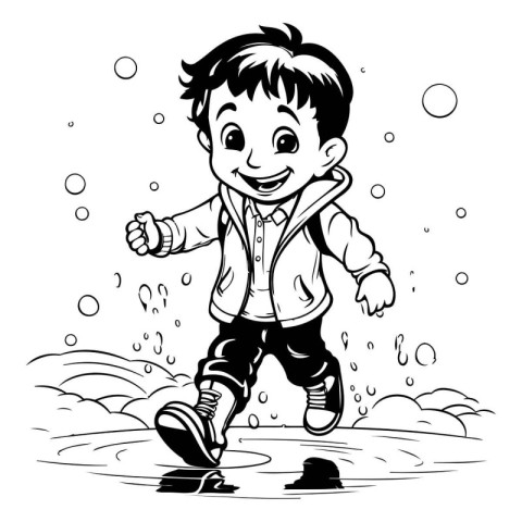 Boy playing in the rain - Black and White Cartoon Illustration.