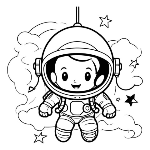 Black and White Cartoon Illustration of Cute Little Boy Astronau