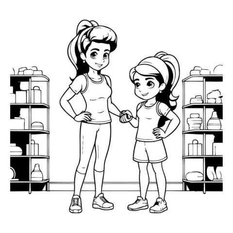 cute little girls shopping in supermarket cartoon vector illustr