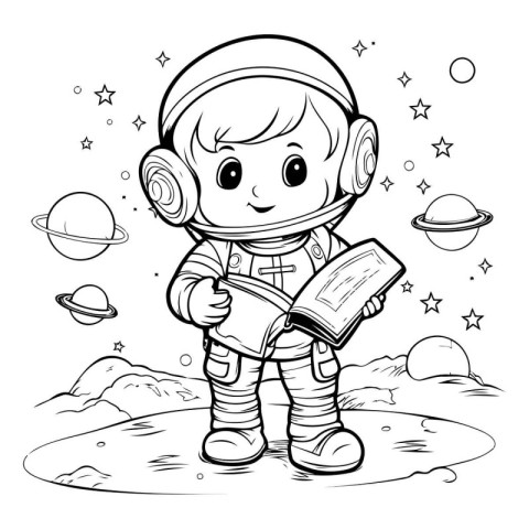 Cute astronaut with a book. Vector illustration for coloring boo