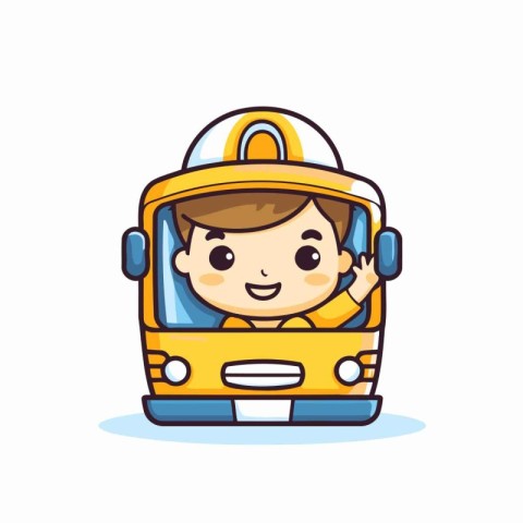 Cute little boy driving a school bus. Vector cartoon illustratio