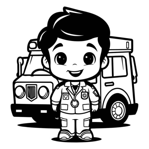 Cute Little Boy Doctor with Ambulance - Coloring Book