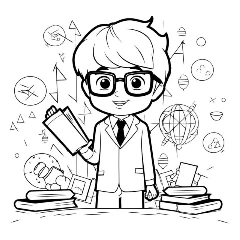 Black and White Cartoon Illustration of Elementary School Boy St