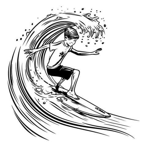 Surfer girl on the wave. Black and white vector illustration.