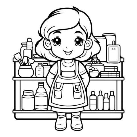 Black and White Cartoon Illustration of Cute Little Girl Dressed