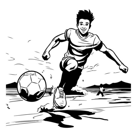 Soccer player with ball. Black and white illustration ready for