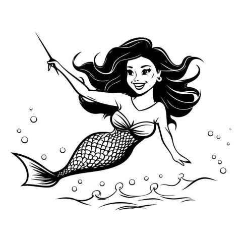 Beautiful mermaid with a spear in her hand. Vector illustration.