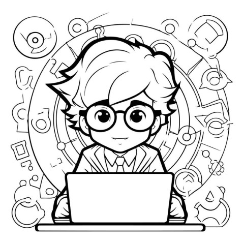 Black and White Cartoon Illustration of Cute Student Boy with La