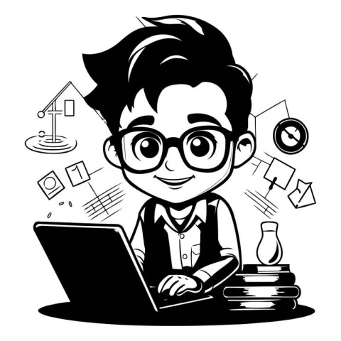 Cute boy with laptop and books. Black and white vector illustrat