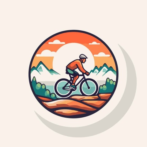 Bicyclist riding mountain bike round icon logo badge vector illu