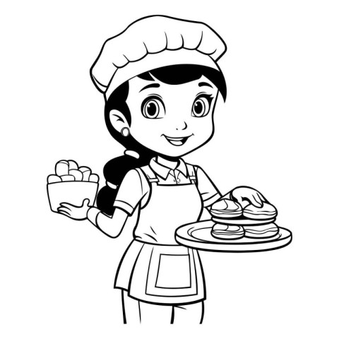 Black and white cartoon of a female chef holding a tray with pan