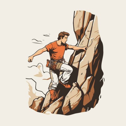 Rock climber climbing on a cliff. Vector illustration in retro s