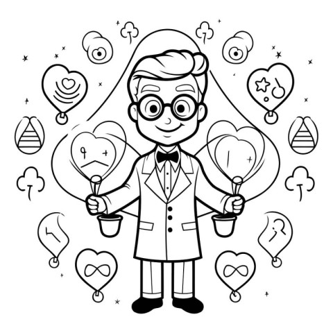 Cute cartoon boy with balloons. Black and white vector illustrat