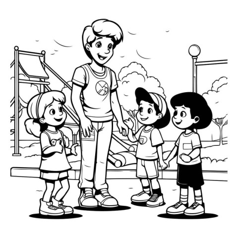 Happy family on the playground. Black and white vector illustrat