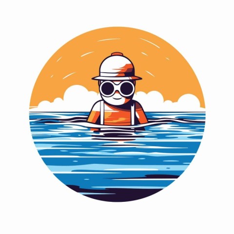 Vector illustration of a man in a life jacket and hat swimming i