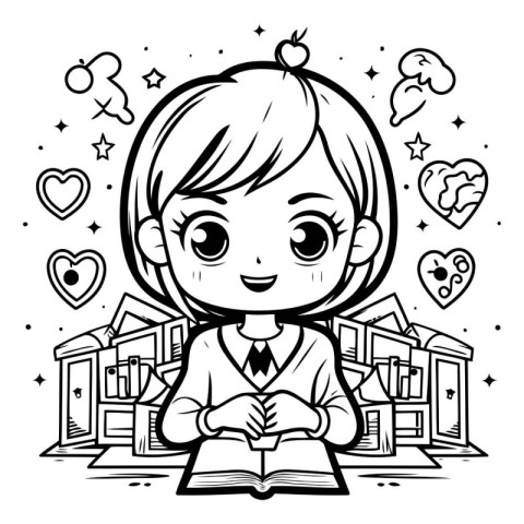 Cute cartoon schoolgirl reading a book. Vector illustration for