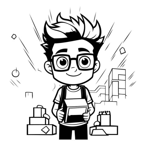 Vector cartoon illustration of happy schoolboy with books and ba