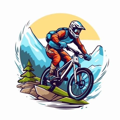 Mountain biker riding on the piste. Vector illustration.