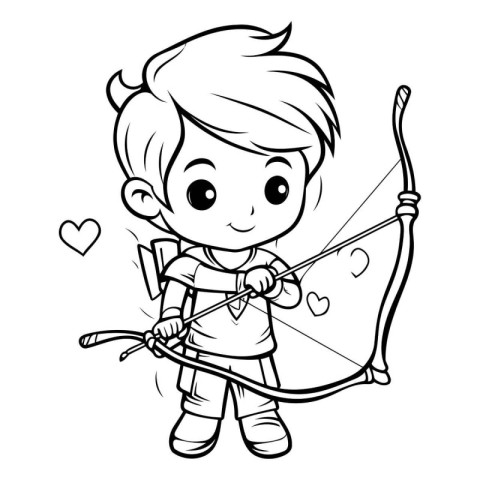 Black and White Cartoon Illustration of Cute Boy Cupid Character