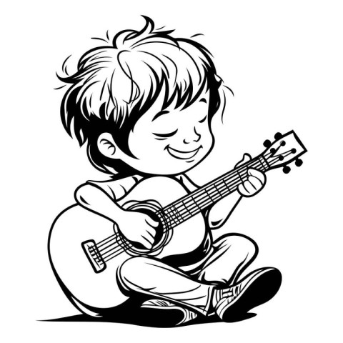 Boy playing the ukulele. Black and white vector illustration.