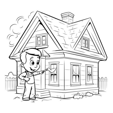 Vector illustration of a little boy standing near the house. Bla