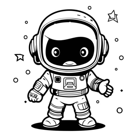 Black and White Cartoon Illustration of Cute Astronaut Character