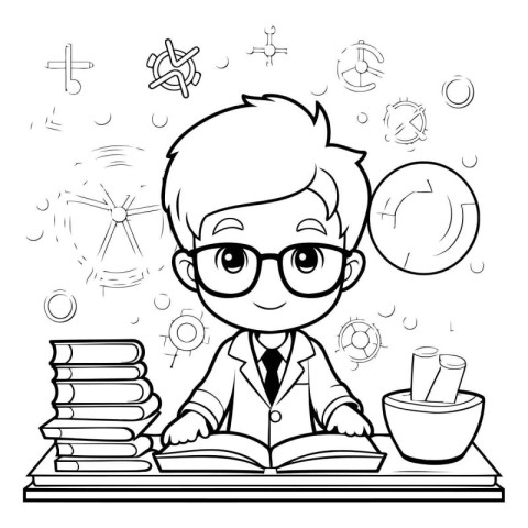 Boy in glasses reading a book at school. Black and white vector