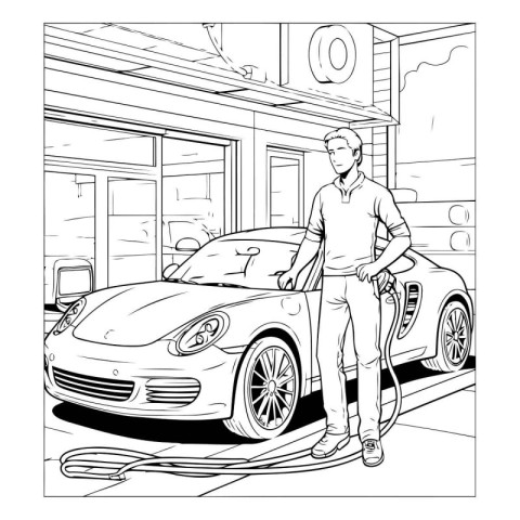 Vector illustration of a man standing next to his car at the gas