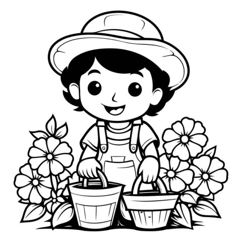 Black and White Cartoon Illustration of Cute Farmer Boy with Flo