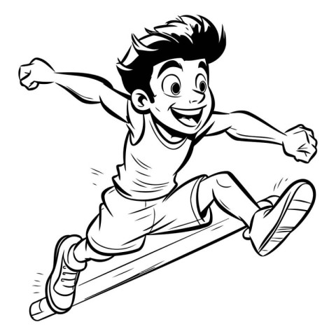 Cartoon Boy Jumping - Black and White Illustration. Vector