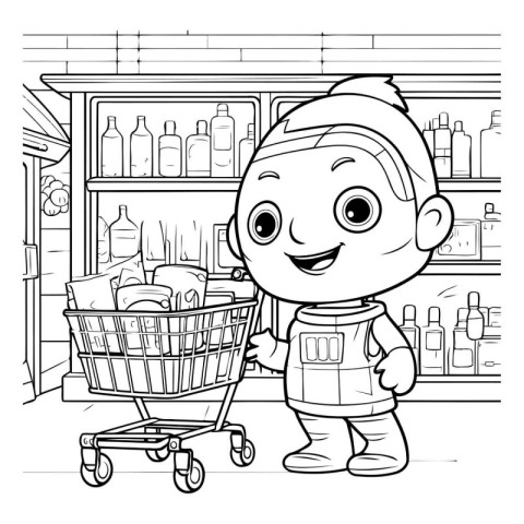 Black and White Cartoon Illustration of Kid Boy Shopping in Supe