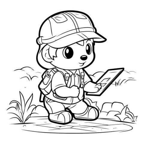 Outlined Cute Little Boy Using a Tablet - Coloring Book