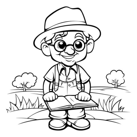 Black and White Cartoon Illustration of Little Boy Reading a Boo