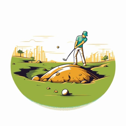 Golfer hits the ball on the golf course. Vector illustration