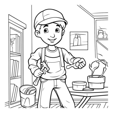 Cartoon Illustration of a Kid Boy Repairing the House or Apartme