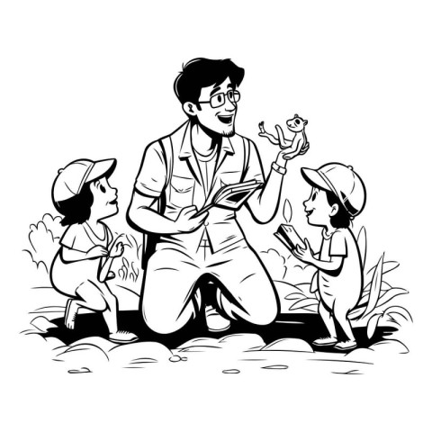 A vector illustration of a father and his children playing in th