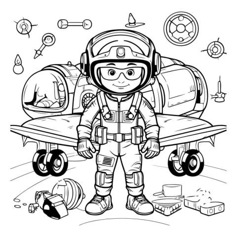 Astronaut boy. Black and white vector illustration for coloring