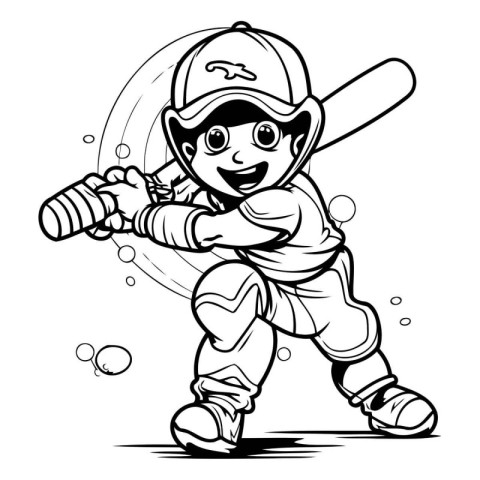 Cricket Player - Black and White Cartoon Illustration. Vector