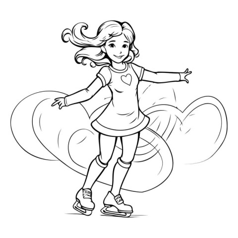 Cute little girl skating on ice rink. Black and white vector ill