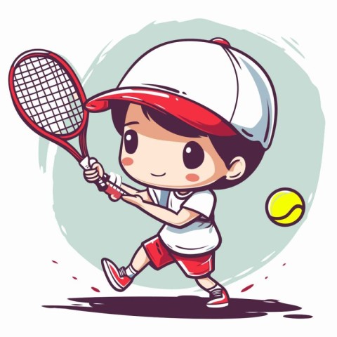 Illustration of a Cute Little Boy Playing Tennis with a Tennis R