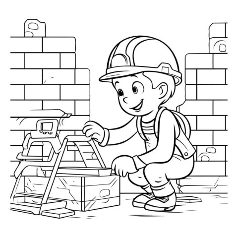 Illustration of a Kid Boy Building a Brick Wall - Coloring Page