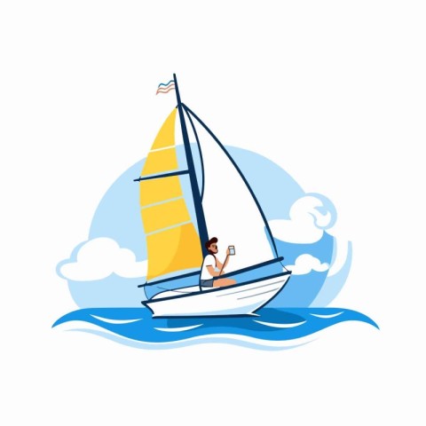 Vector illustration of a sailboat in the sea. Flat style.