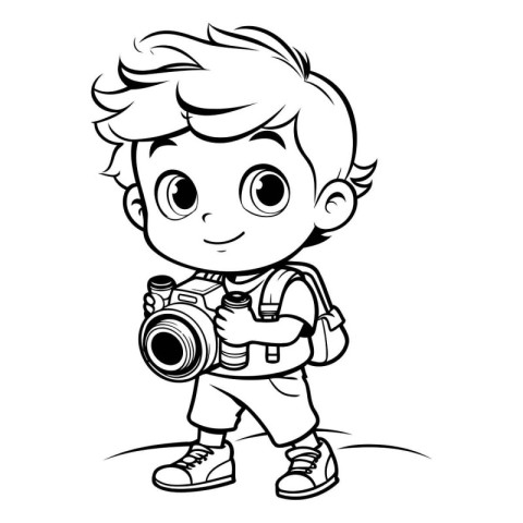 Boy with a camera - Black and White Cartoon Illustration. Vector